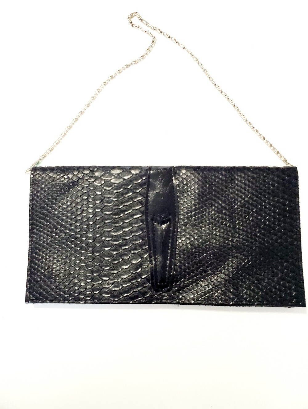 Black Textured Envelope Clutch with Chain Strap